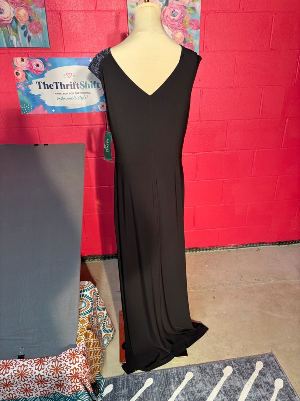 Lauren Ralph Lauren Black Beaded Shoulder Maxi Gown Size 14 Formal Dress - Picture 7 of 11